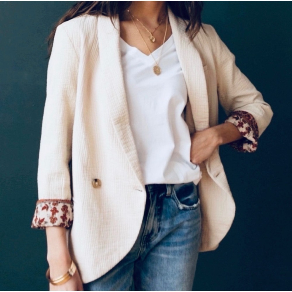 Free People Rowan Cotton Blazer Ecru Paisley Floral Women Small